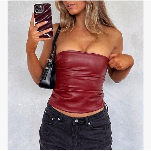 Tops - PU Faux Leather Strapless Tube Crop Top – Deep Red – Small – NWT